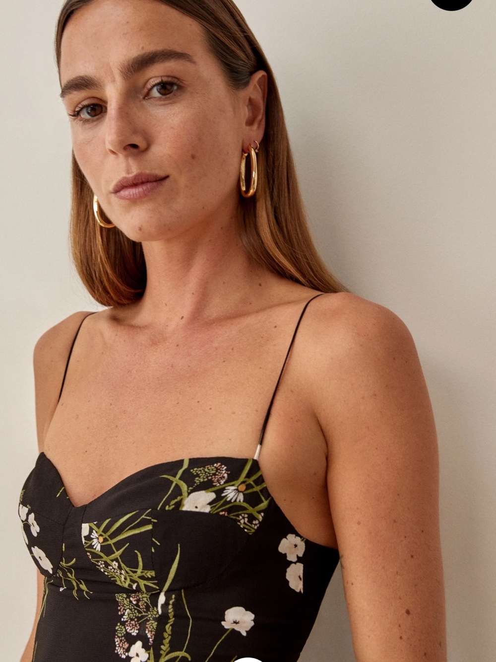 REFORMATION MELITA DRESS — Black Floral Spaghetti Strap Bustier Top
